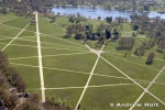 Aerial high level oblique view south-east of Hyde Park with Serpentine and paths in geometric abstract lines and patterns, London W2, England, 2005